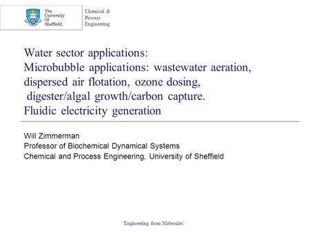 Chemical & Process Engineering ‘Engineering from Molecules’ Water sector applications: Microbubble applications: wastewater aeration, dispersed air flotation,