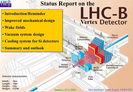 Geneva, 23-01-2001 M. Ferro-Luzzi, CERN/EP Status Report on the Introduction/Reminder Improved mechanical design Wake fields Vacuum system design Cooling.