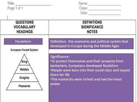 FeudalismDefinition: the economic and political system that developed in Europe during the Middle Ages Significance: To protect themselves and their property.