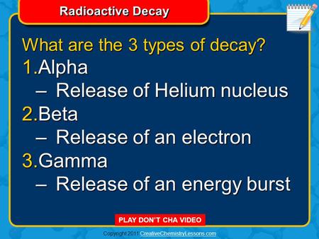 Copyright 2011 CreativeChemistryLessons.comCreativeChemistryLessons.com Radioactive Decay PLAY DON’T CHA VIDEO What are the 3 types of decay? 1.Alpha.