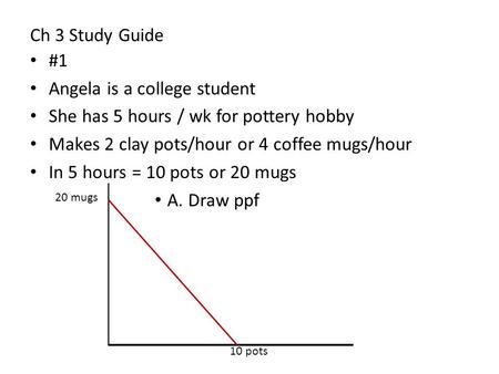 Ch 3 Study Guide #1 Angela is a college student She has 5 hours / wk for pottery hobby Makes 2 clay pots/hour or 4 coffee mugs/hour In 5 hours = 10 pots.