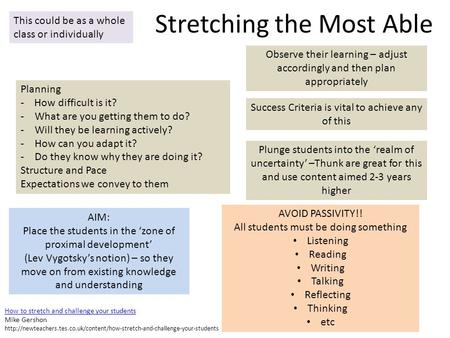 Stretching the Most Able This could be as a whole class or individually AIM: Place the students in the ‘zone of proximal development’ (Lev Vygotsky’s notion)