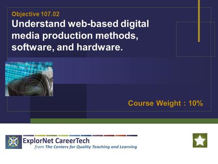 Objective 107.02 Understand web-based digital media production methods, software, and hardware. Course Weight : 10%