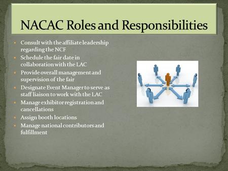  Consult with the affiliate leadership regarding the NCF  Schedule the fair date in collaboration with the LAC  Provide overall management and supervision.