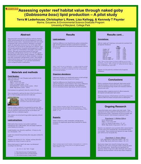 Abstract Organismal lipid content has been used as an indicator of habitat quality and has potential for use in the development of oyster reef restoration.