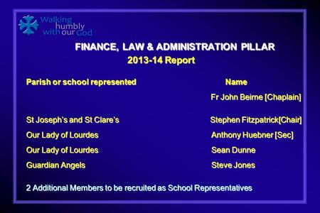 FINANCE, LAW & ADMINISTRATION PILLAR 2013-14 Report FINANCE, LAW & ADMINISTRATION PILLAR 2013-14 Report Parish or school representedName Fr John Beirne.