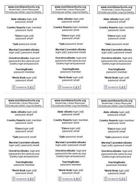 Abdo eBooks login: jsd2 password: smart! Country Reports login: meridian password: world *Ebsco login: jsd2 password: smart *Gale password: smart Marshal.