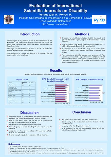 Evaluation of International Scientific Journals on Disability Verdugo, M. A.; Porras, P. Instituto Universitario de Integración en la Comunidad (INICO)