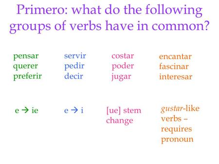 Primero: what do the following groups of verbs have in common? pensar querer preferir servir pedir decir costar poder jugar encantar fascinar interesar.