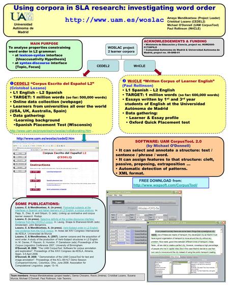 Using corpora in SLA research: investigating word order  Universidad Autónoma de Madrid WOSLAC project: 2 learner corpora CEDEL2WriCLE.