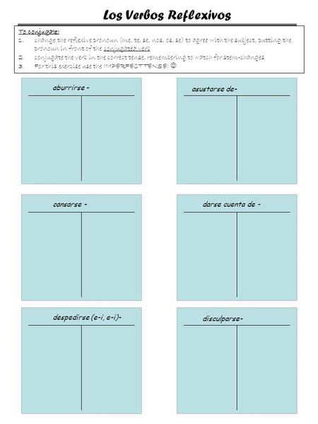 Asustarse de- aburrirse - cansarse -darse cuenta de - despedirse (e-i, e-i)- disculparse- Los Verbos Reflexivos To conjugate: 1.change the reflexive pronoun.