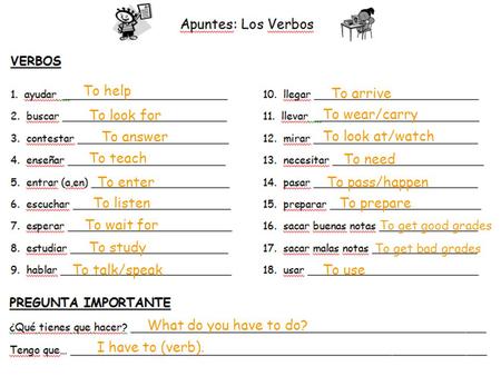 To help To look for To answer To teach To wait for To listen To enter To arrive To study To talk/speak To need To look at/watch To wear/carry To get good.