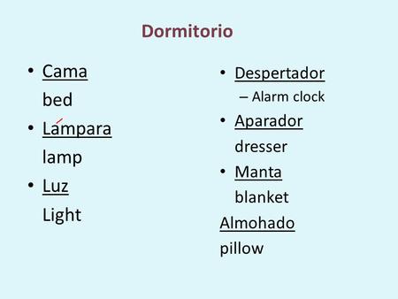 Dormitorio Cama bed Lampara lamp Luz Light Despertador – Alarm clock Aparador dresser Manta blanket Almohado pillow.