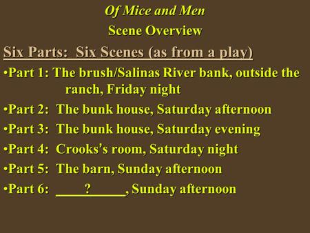 Six Parts: Six Scenes (as from a play)