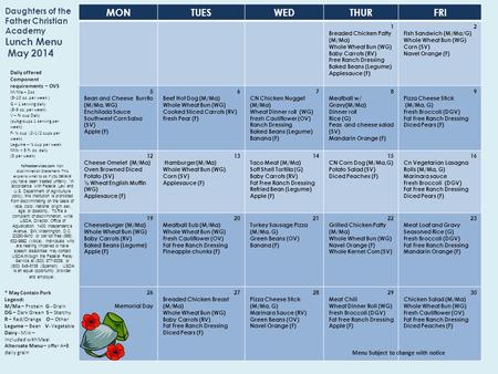 Daughters of the Father Christian Academy Lunch Menu May 2014 MONTUESWEDTHURFRI 1 Breaded Chicken Patty (M/Ma) Whole Wheat Bun (WG) Baby Carrots (RV) Free.