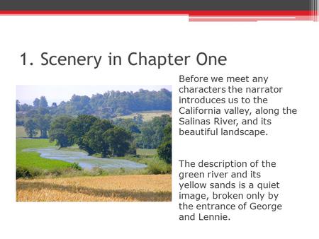 1. Scenery in Chapter One Before we meet any characters the narrator introduces us to the California valley, along the Salinas River, and its beautiful.