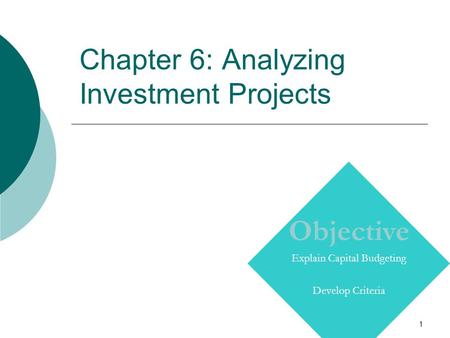 1 Chapter 6: Analyzing Investment Projects Copyright © Prentice Hall Inc. 2000. Author: Nick Bagley, bdellaSoft, Inc. Objective Explain Capital Budgeting.