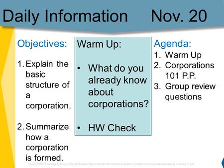 Daily Information Nov. 20 Objectives: Warm Up: