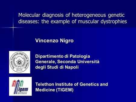 Molecular diagnosis of heterogeneous genetic diseases: the example of muscular dystrophies Vincenzo Nigro Dipartimento di Patologia Generale, Seconda Università.