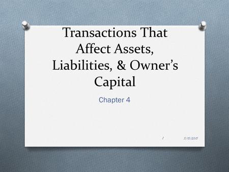 Transactions That Affect Assets, Liabilities, & Owner’s Capital Chapter 4 5/15/2015 1.