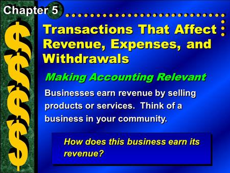 Transactions That Affect Revenue, Expenses, and Withdrawals Making Accounting Relevant Businesses earn revenue by selling products or services. Think of.