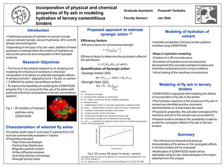 Incorporation of physical and chemical properties of fly ash in modeling hydration of ternary cementitious binders Graduate Assistant: Prasanth Tanikella.