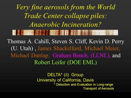 Very fine aerosols from the World Trade Center collapse piles: Anaerobic Incineration? Thomas A. Cahill, Steven S. Cliff, Kevin D. Perry (U. Utah), James.