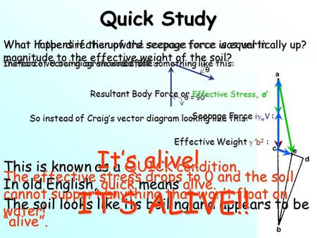 Quick Study What if the direction of the seepage force was vertically up? θ = 90° So instead of Craig’s vector diagram looking like this: the force vector.