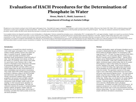 Evaluation of HACH Procedures for the Determination of Phosphate in Water Orosz, Maria T., Mutti, Laurence J. Department of Geology at Juniata College.