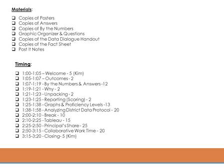 Materials :  Copies of Posters  Copies of Answers  Copies of By the Numbers  Graphic Organizer & Questions  Copies of the Data Dialogue Handout 