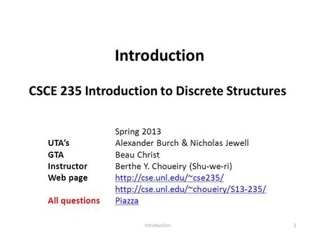 Introduction CSCE 235 Introduction to Discrete Structures