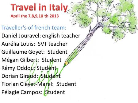 Traveller's of french team: Daniel Jouravel: english teacher Aurélia Louis: SVT teacher Guillaume Goyet: Student Mégan Gilbert: Student Rémy Oddou: Student.