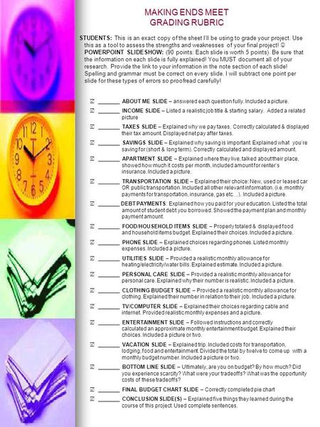 MAKING ENDS MEET GRADING RUBRIC STUDENTS: This is an exact copy of the sheet I’ll be using to grade your project. Use this as a tool to assess the strengths.