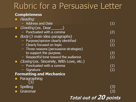 Rubric for a Persuasive Letter