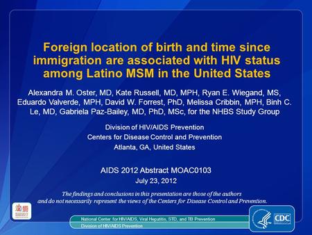 National Center for HIV/AIDS, Viral Hepatitis, STD, and TB Prevention Division of HIV/AIDS Prevention Alexandra M. Oster, MD, Kate Russell, MD, MPH, Ryan.