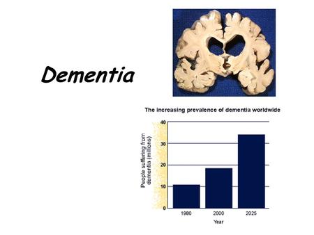 Dementia BIG HEALTH PROBLEM The prevalence of dementia is expected to increase dramatically in future years as life expectancy continues to increase.