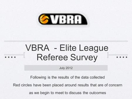 VBRA - Elite League Referee Survey July 2012 Following is the results of the data collected Red circles have been placed around results that are of concern.