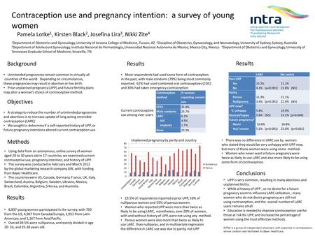 Contraception use and pregnancy intention: a survey of young women Pamela Lotke 1, Kirsten Black 2, Josefina Lira 3, Nikki Zite 4 1 Department of Obstetrics.