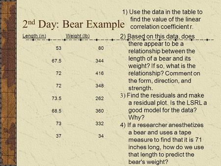 2nd Day: Bear Example Length (in) Weight (lb) 53 80 67.5 344 72 416