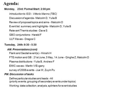 Agenda: Monday, 23rd: Formal Start: 2:00 pm Introduction to ISSI - Vittorio Manno (TBC) Discussion of agenda - Malcolm D, Yulia B Review of proposal topics.