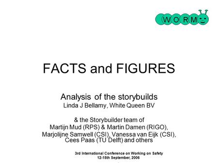 3rd International Conference on Working on Safety 12-15th September, 2006 1 1 FACTS and FIGURES Analysis of the storybuilds Linda J Bellamy, White Queen.