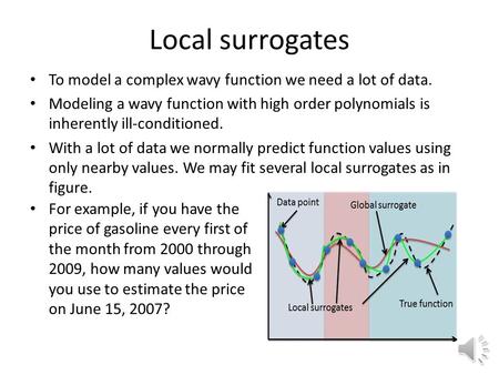 Local surrogates To model a complex wavy function we need a lot of data. Modeling a wavy function with high order polynomials is inherently ill-conditioned.