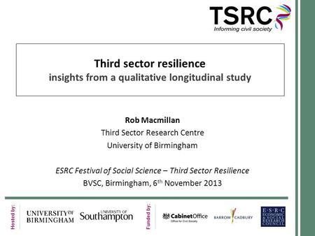 Hosted by: Funded by: Third sector resilience insights from a qualitative longitudinal study Rob Macmillan Third Sector Research Centre University of Birmingham.