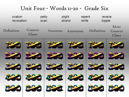 Unit Four - Words 11-20 - Grade Six Definition Context Clues Synonyms Antonyms Definition More Context Clues ovation petty plight repent reverie revocation.