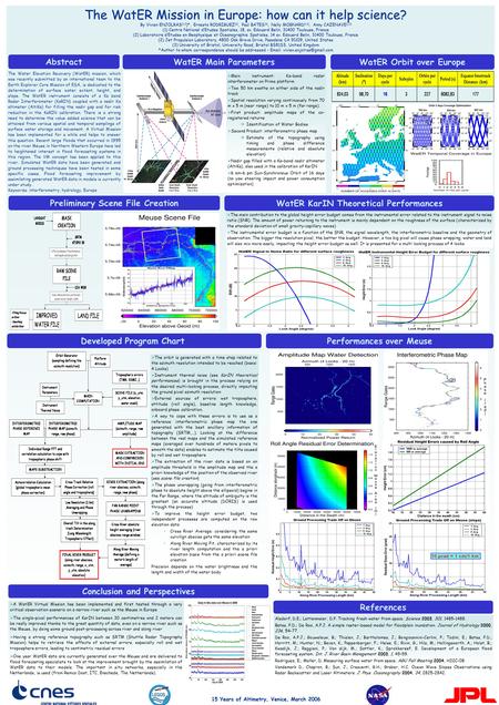 The WatER Mission in Europe: how can it help science? By Vivien ENJOLRAS (1,2 )*, Ernesto RODRIGUEZ (2), Paul BATES (3), Nelly MOGNARD (1,2), Anny CAZENAVE.