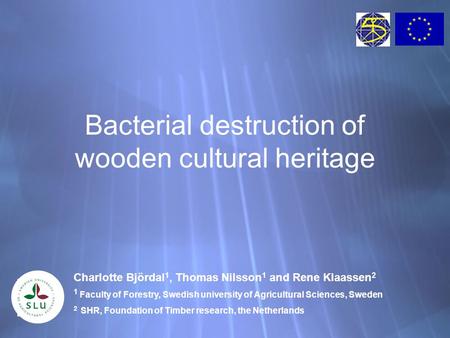 Bacterial destruction of wooden cultural heritage Charlotte Björdal 1, Thomas Nilsson 1 and Rene Klaassen 2 1 Faculty of Forestry, Swedish university of.