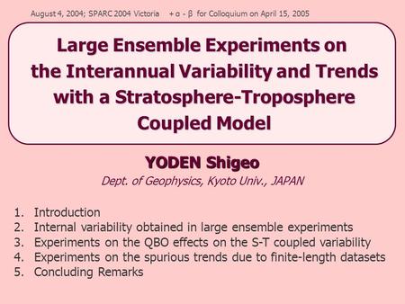 YODEN Shigeo Dept. of Geophysics, Kyoto Univ., JAPAN August 4, 2004; SPARC 2004 Victoria ＋ α － β for Colloquium on April 15, 2005 1.Introduction 2.Internal.