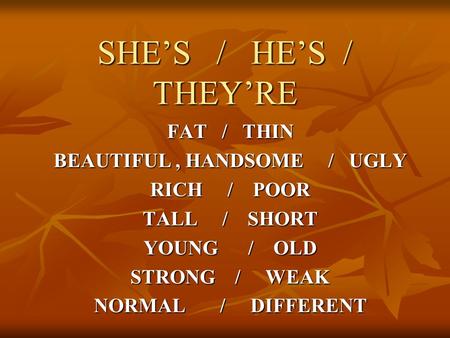 SHE’S / HE’S / THEY’RE FAT / THIN BEAUTIFUL, HANDSOME / UGLY RICH / POOR TALL / SHORT YOUNG / OLD STRONG / WEAK NORMAL / DIFFERENT.