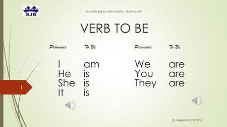 VERB TO BE SAN JUAN BOSCO HIGH SCHOOL – HUACHO CITY By Alejandro Cancino 1 Pronouns To BePronounsTo Be Iam Weare HeisYouare SheisTheyare Itis.