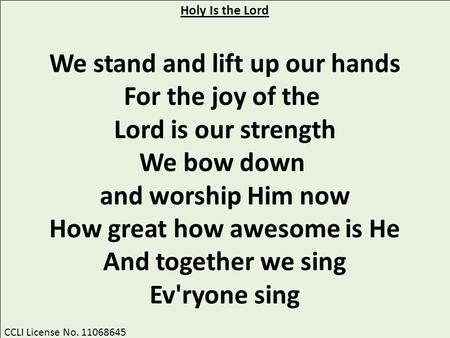 CCLI License No. 11068645 We stand and lift up our hands For the joy of the Lord is our strength We bow down and worship Him now How great how awesome.